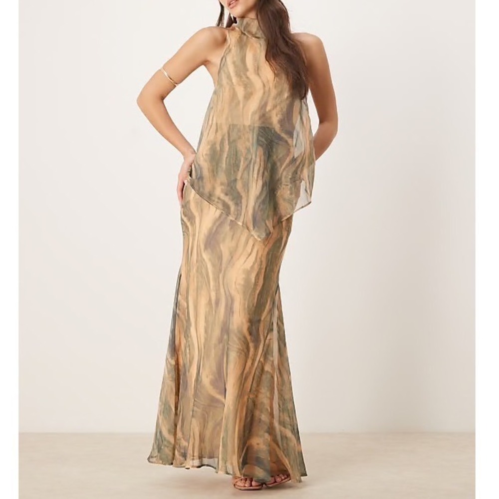 ASOS Chiffon High Neck Double Layer Maxi Dress Marbled Brown Fairy whimsical 12